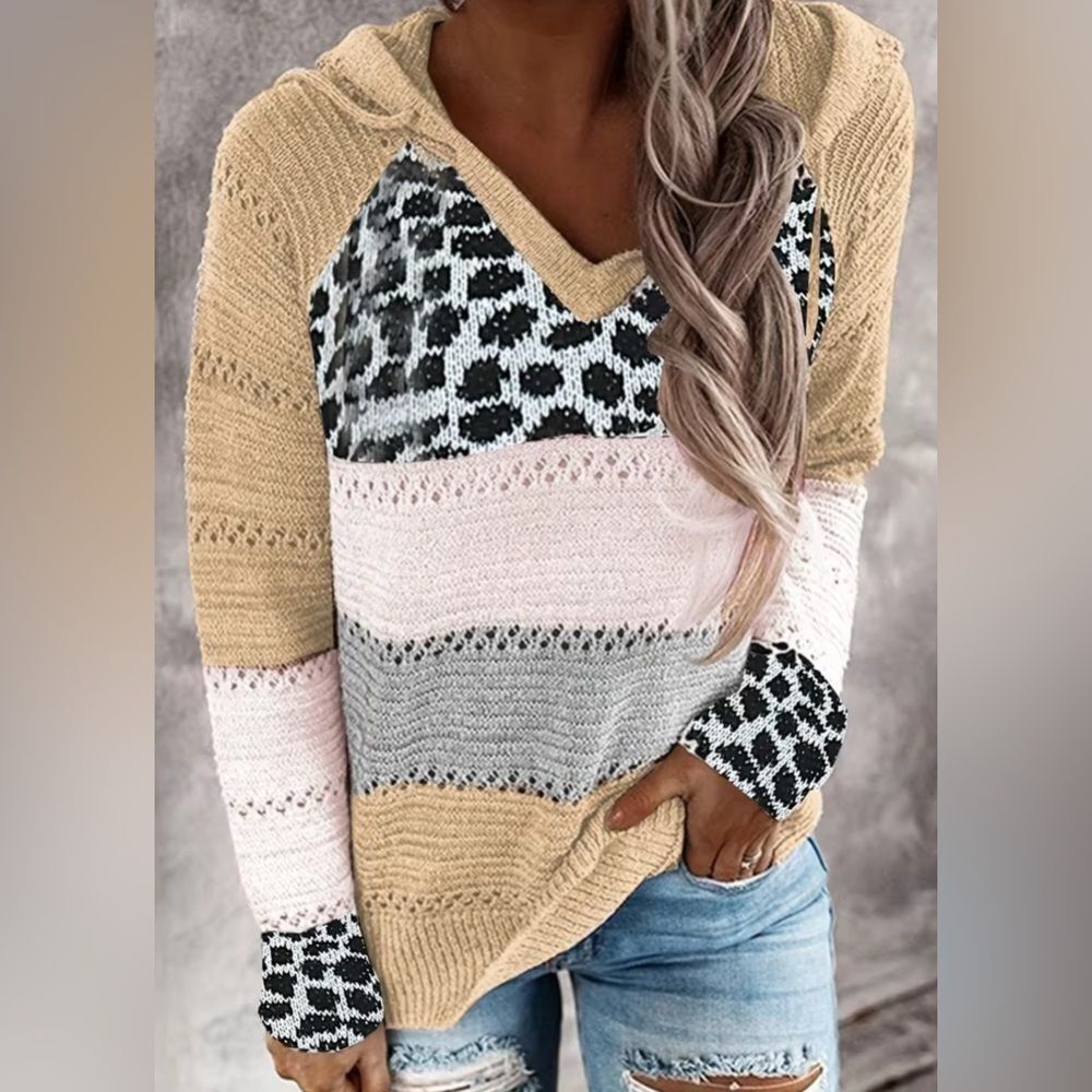 Misslook Fall Animal Print Color Block V Neck Woven Sweater Hoodie Women’s L